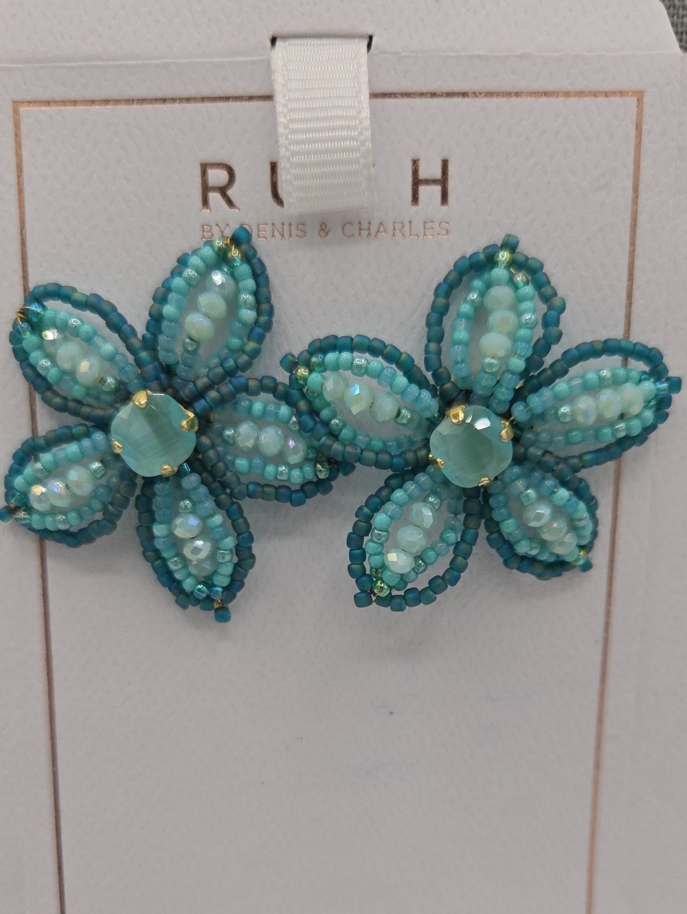 5 for $25! RUSH by Denis & Charles Teal Beaded Flower Statement Earrings